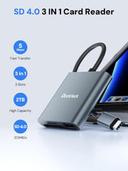 Dockteck USB3.1 SD/TF Card Reader, 3-Slot USBC to SD/Micro SD/USB A Memory Card Reader - Dockteck