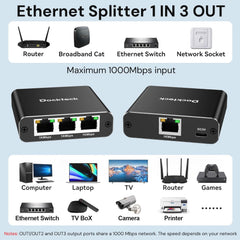Dockteck Internet Cable Splitter 1 in 3 Out High Speed Switch Network Gigabit，Ethernet Splitter 1 to 3 1000Mbps - Dockteck