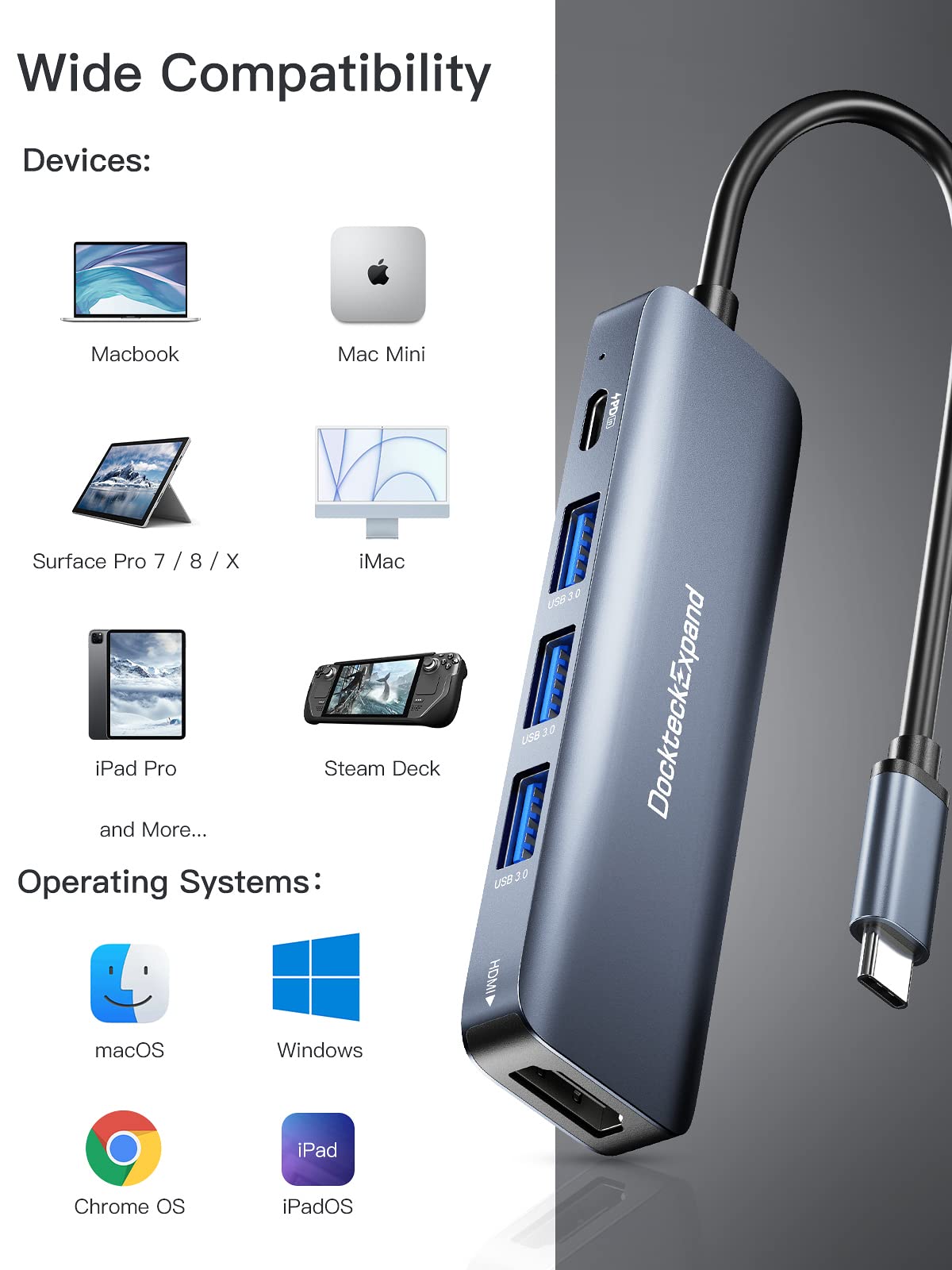 Dockteckexpand 5 in 1 USB-C Multiport Adapter with 4K HDMI - Dockteck