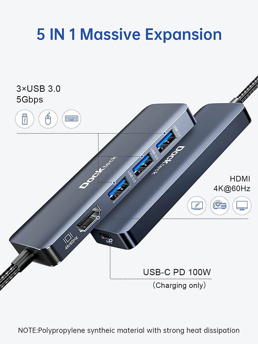 Dockteck 5 in 1 USB-C Hub with 100W PD, 4K USB C to HDMI, 3×USB 3.0