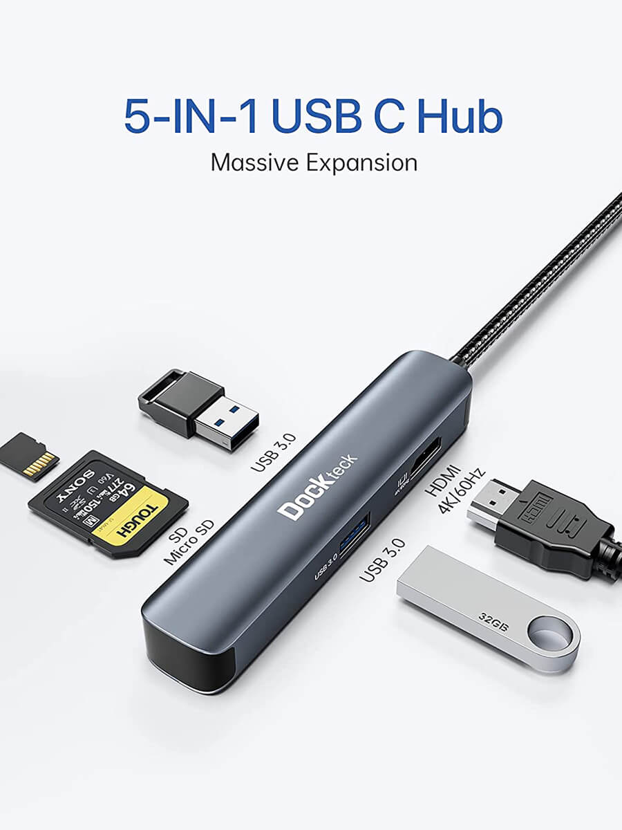 Dockteck 5 in 1 USB-C Dongle Hub with 4K 60Hz HDMI, USB 3.0 5Gbps Data, SD/Micro SD Card Reader