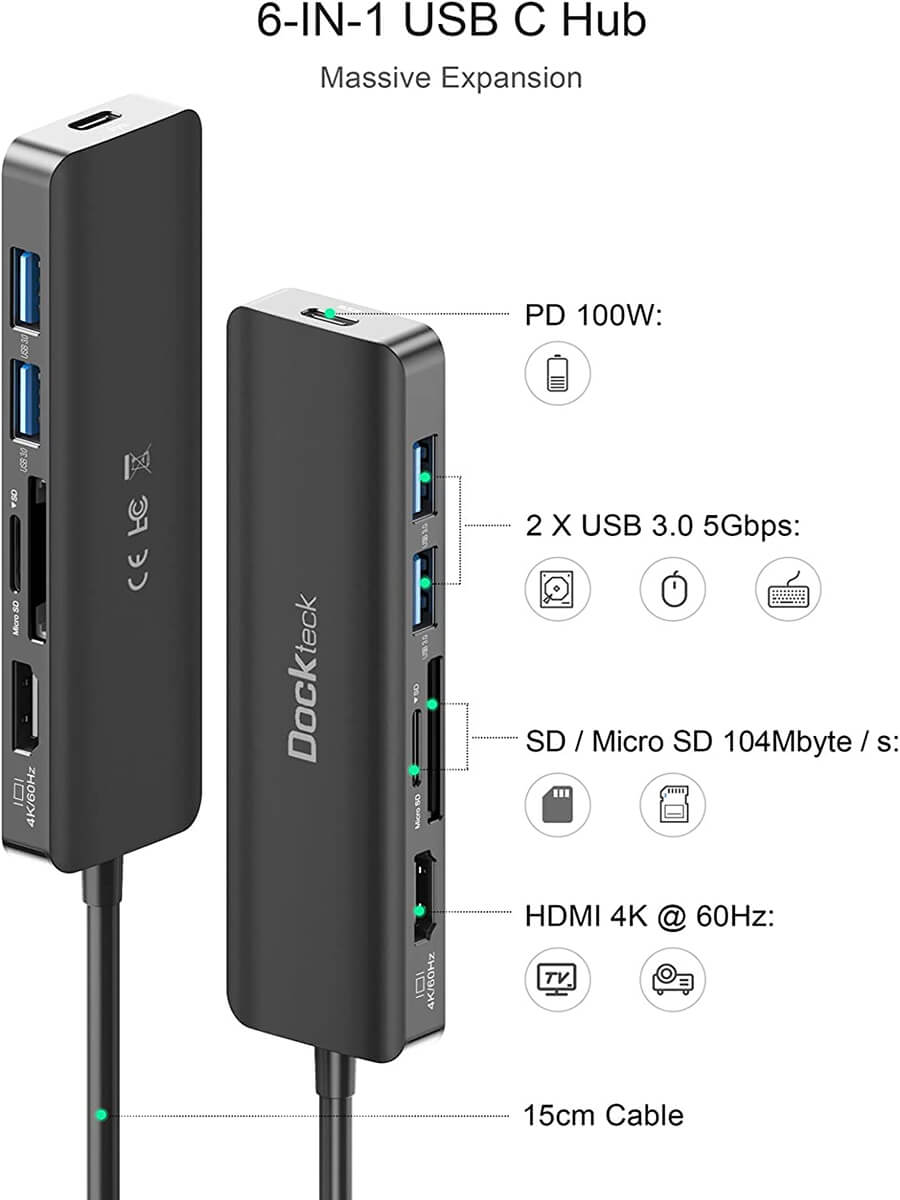 Dockteck 6-in-1 Type C Hub with 4K 60Hz, 100W PD, SD - Dockteck