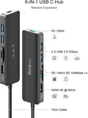 Dockteck 6-in-1 Type C Hub with 4K 60Hz, 100W PD, SD & microSD Card Reader, 2 USB 3.0 Data 5Gbps
