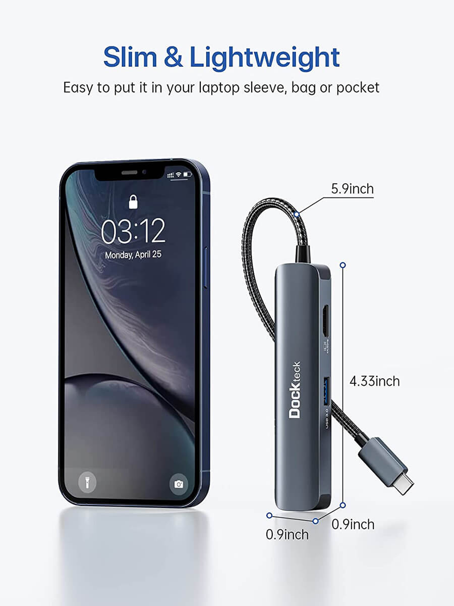 Dockteck 5 in 1 USB-C Dongle Hub with 4K 60Hz HDMI, USB 3.0 5Gbps Data, SD/Micro SD Card Reader