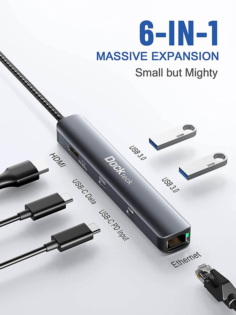 USB C Hub 6-in-1 HDMI Ethernet USB-C to 4k 60hz – Dockteck