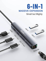 USB C Hub Ethernet HDMI, 6-in-1 USB-C to 4K 60Hz, 100W PD, USB-C Data, 1Gbps Ethernet, 2 USB 3.0