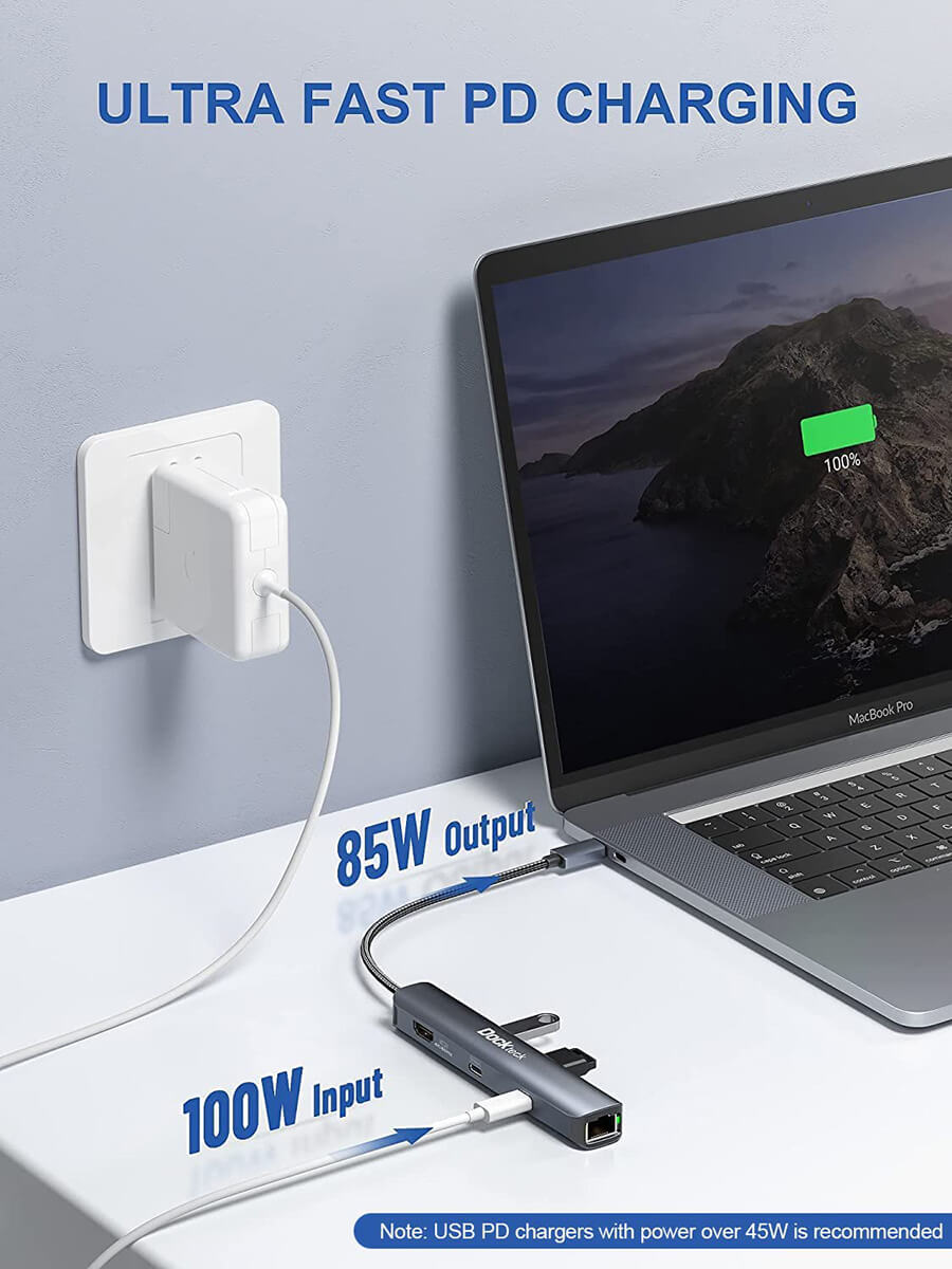 USB C Hub Ethernet HDMI, 6-in-1 USB-C to 4K 60Hz, 100W PD, USB-C Data, 1Gbps Ethernet, 2 USB 3.0