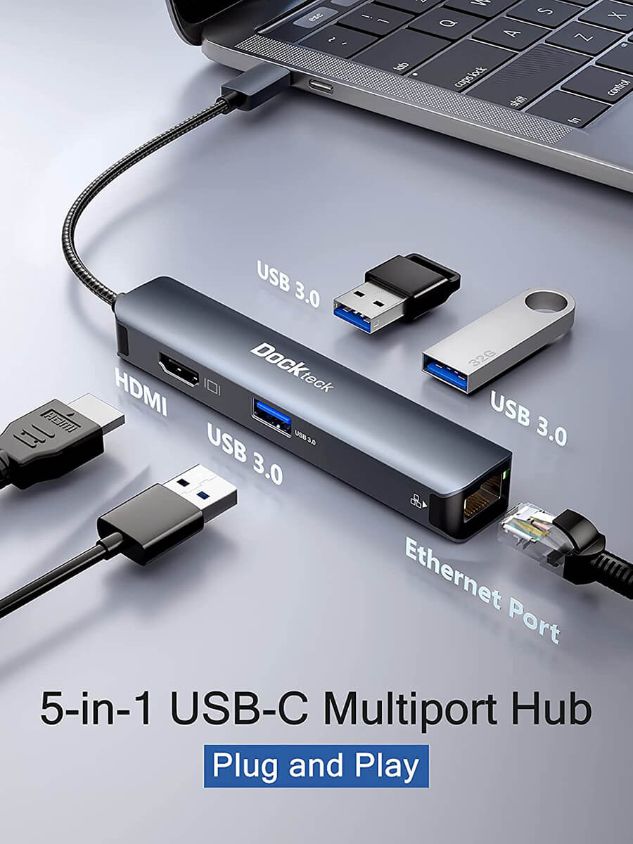 USB C Hub HDMI 4K 60Hz, USB C Adapter Multiport with 100W PD, HDMI,3 USB  3.0 Data Ports, Dockteck 5 in 1 USB C Dongle Dock for MacBook Pro/Air, iPad