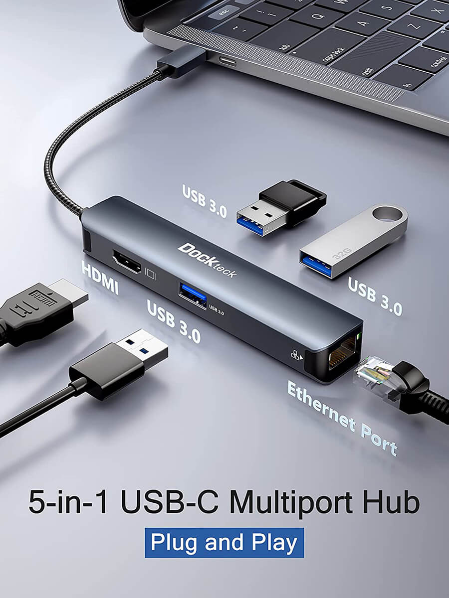 Compact Multiport Hub USB C Hub Ethernet|5-in-1 lan Multiport Adapter|4K HDMI – Dockteck