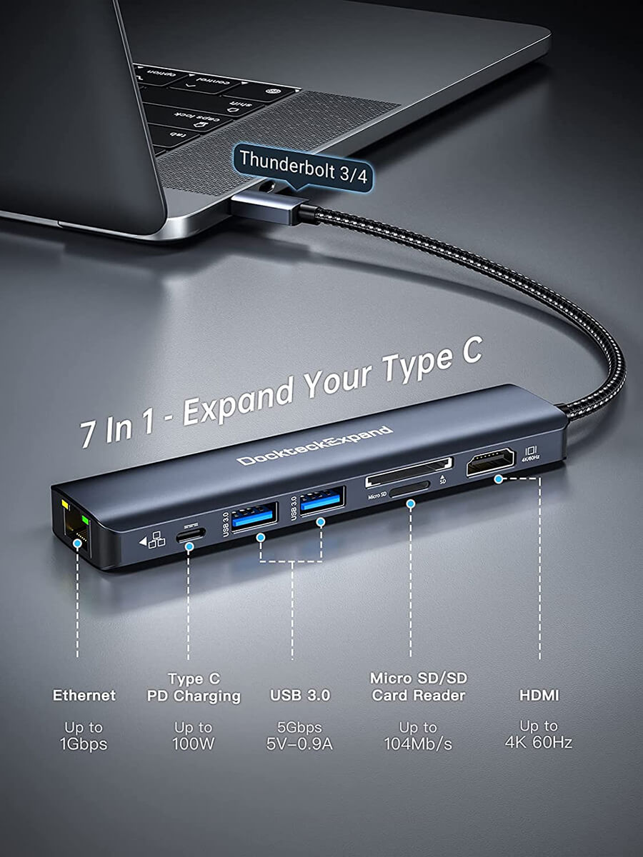DockteckExpand 7-in-1 USB C Hub HDMI 4K 60Hz, 1Gbps Ethernet