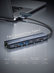 DockteckExpand 7-in-1 Type C Hub to HDMI 4K 60Hz, 1Gbps Ethernet, 100W PD, 2 USB 3.0 Ports, SD/TF Card Slots